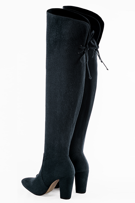 Midnight blue women's leather thigh-high boots. Round toe. High block heels. Made to measure. Rear view - Florence KOOIJMAN